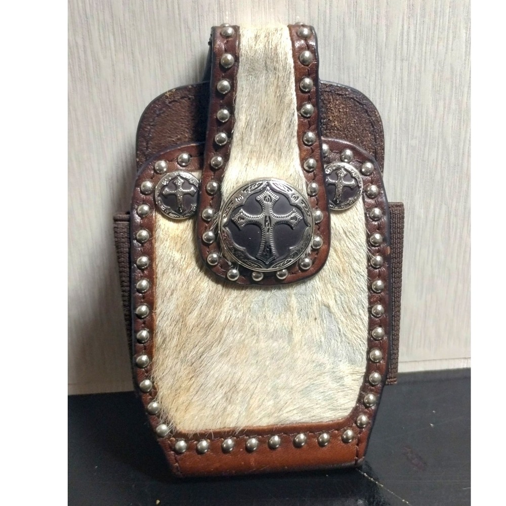 Western Leather Cowhide Belt Clip Phone Holster Pouch Cross Conchos Studded